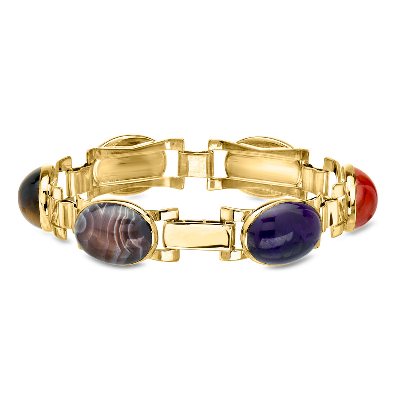 9kt yellow gold link bracelet with oval amethyst, striped gray, and red cabochon gems