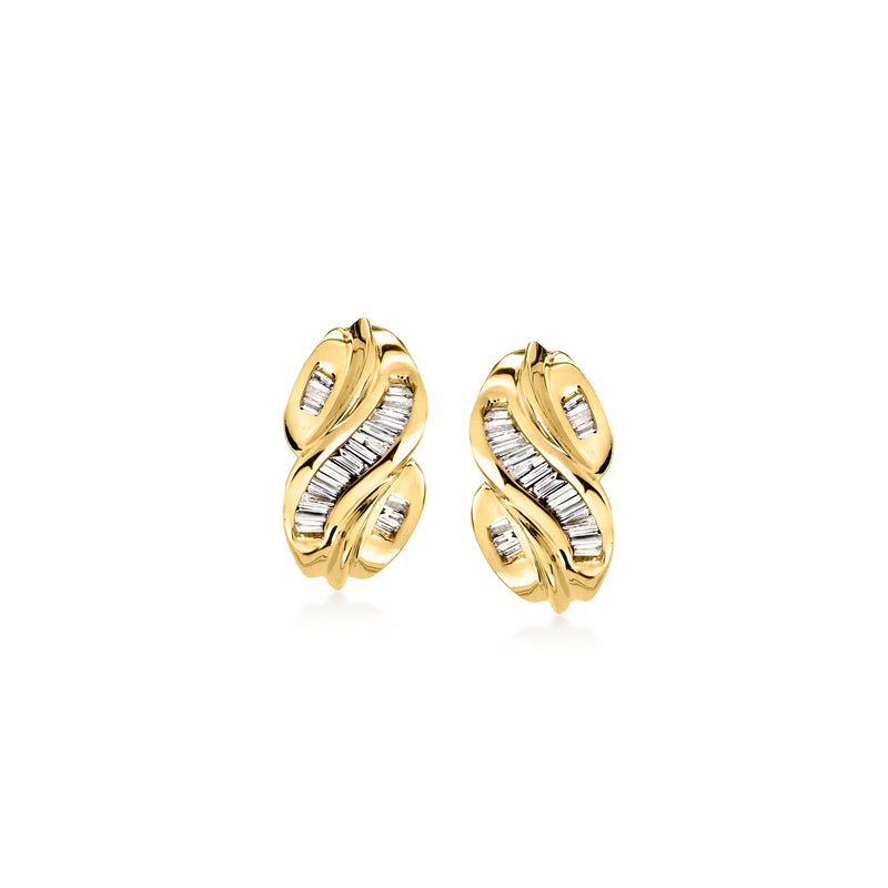 14kt yellow gold twist diamond clip/post earrings, oval design with baguette stones