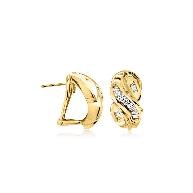 14kt yellow gold twist diamond clip/post earrings, side view showing hinged backing