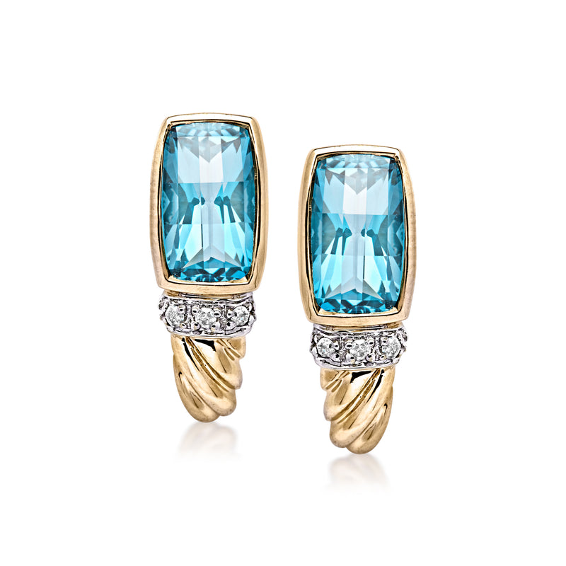 Curved blue topaz and diamond drop post earrings in 10kt yellow gold, pair