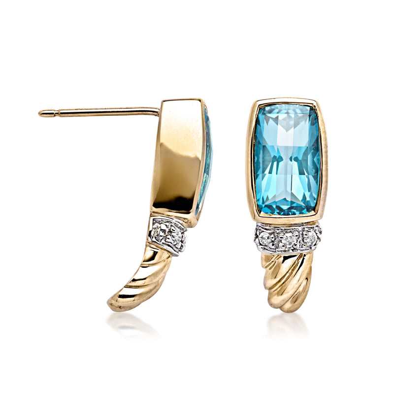 Blue topaz and diamond curved post earrings with yellow gold backs, pair