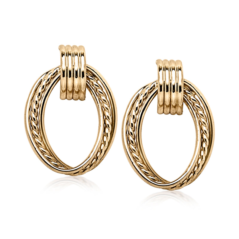 14kt yellow gold doorknocker hoop post earrings with braided oval frames