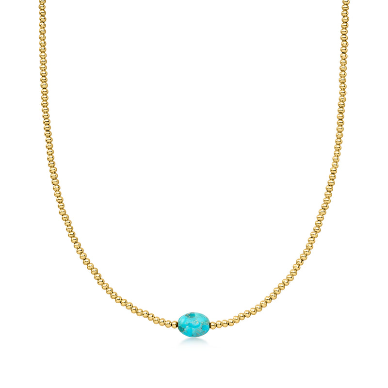 Yellow gold-plated bead necklace with simulated turquoise center bead
