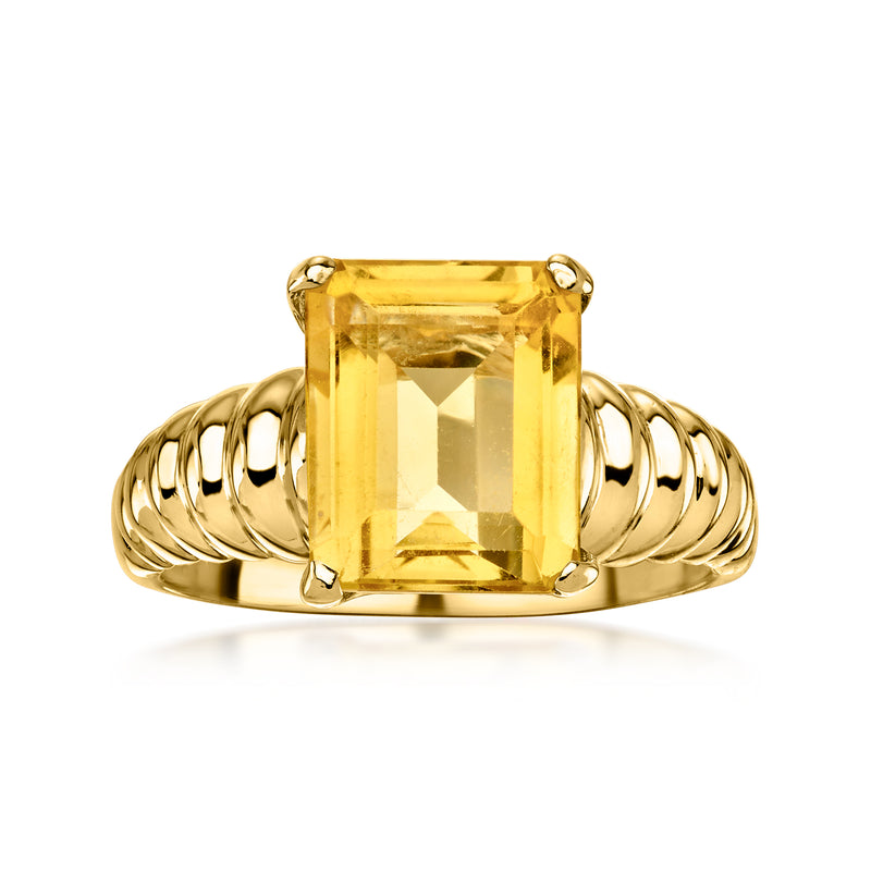 Vintage yellow gold ring with large rectangular citrine gemstone and twisted split shank