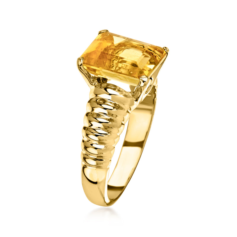 Yellow gold citrine ring with rectangular gemstone, chunky ribbed shank and open side