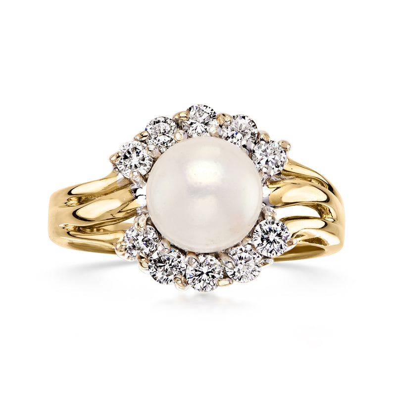 Vintage 14kt yellow gold ring with large white cultured pearl and diamond halo
