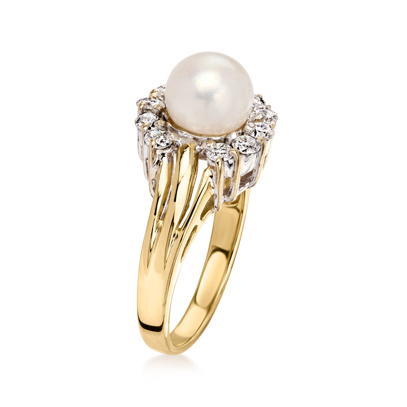 Vintage 14kt yellow gold ring with white cultured pearl and clustered diamond sides