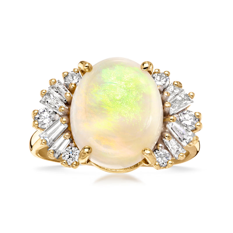 Vintage opal ring with oval opal center, diamond halo, 14kt yellow gold setting