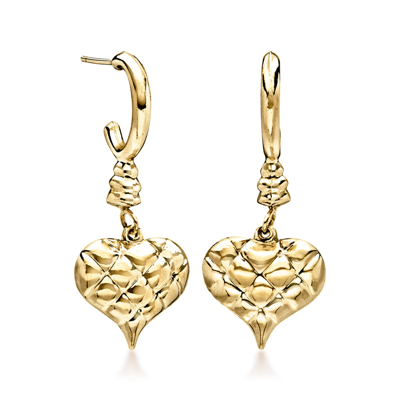 14kt yellow gold puffed heart drop earrings with textured heart dangle