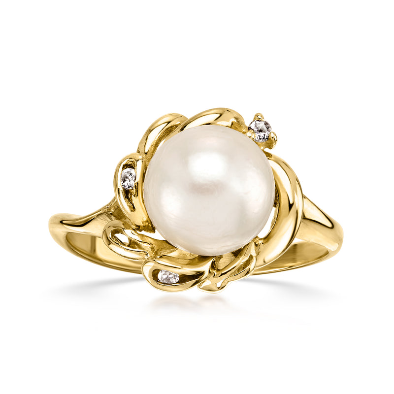14kt yellow gold ring, large white pearl with diamond accents
