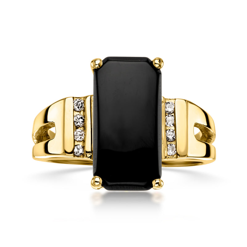 Vintage onyx ring in 14kt yellow gold, rectangular black stone with diamond side accents