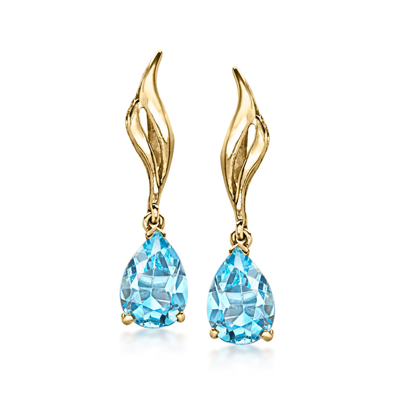 14kt yellow gold drop earrings with curved tops and blue pear-shaped topaz