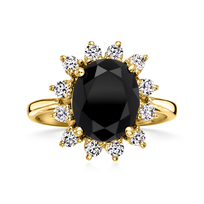 14kt yellow gold ring with oval black center stone and halo of clear CZs