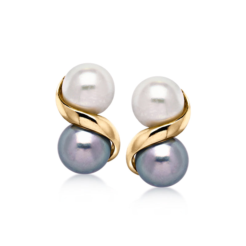 Cultured pearl stud earrings with white and dark gray pearls in yellow gold, post style