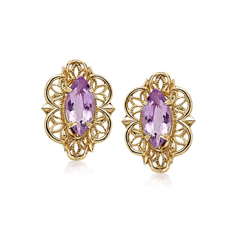 Amethyst scrollwork stud earrings in yellow gold, oval faceted purple stones