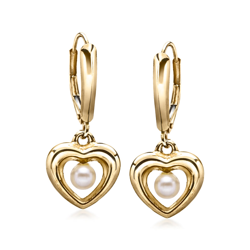 14kt yellow gold heart drop earrings with white cultured pearl, leverback closure