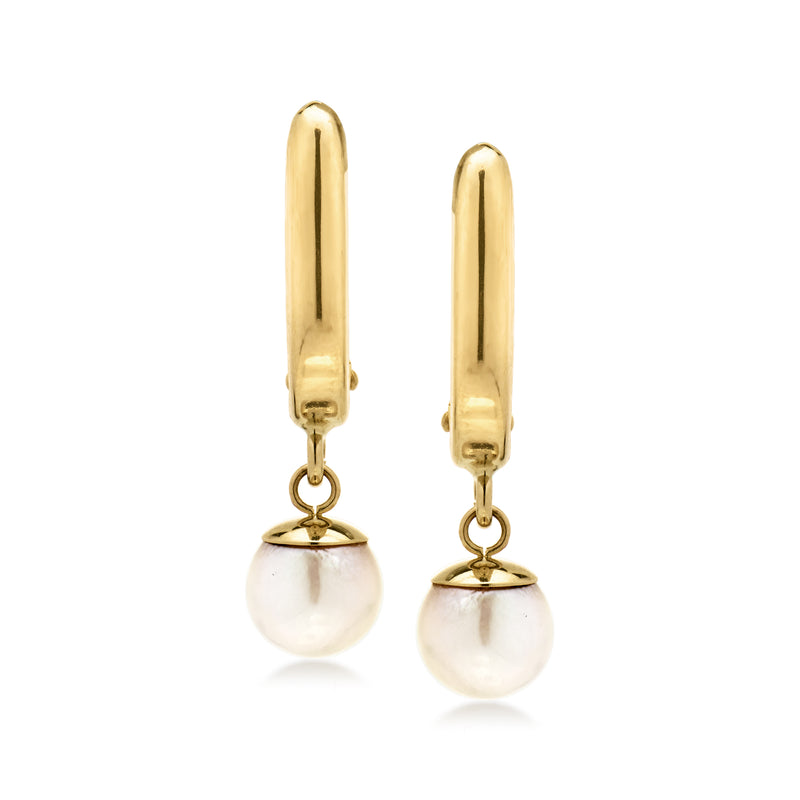 14kt yellow gold hoop drop earrings with white cultured pearl dangles