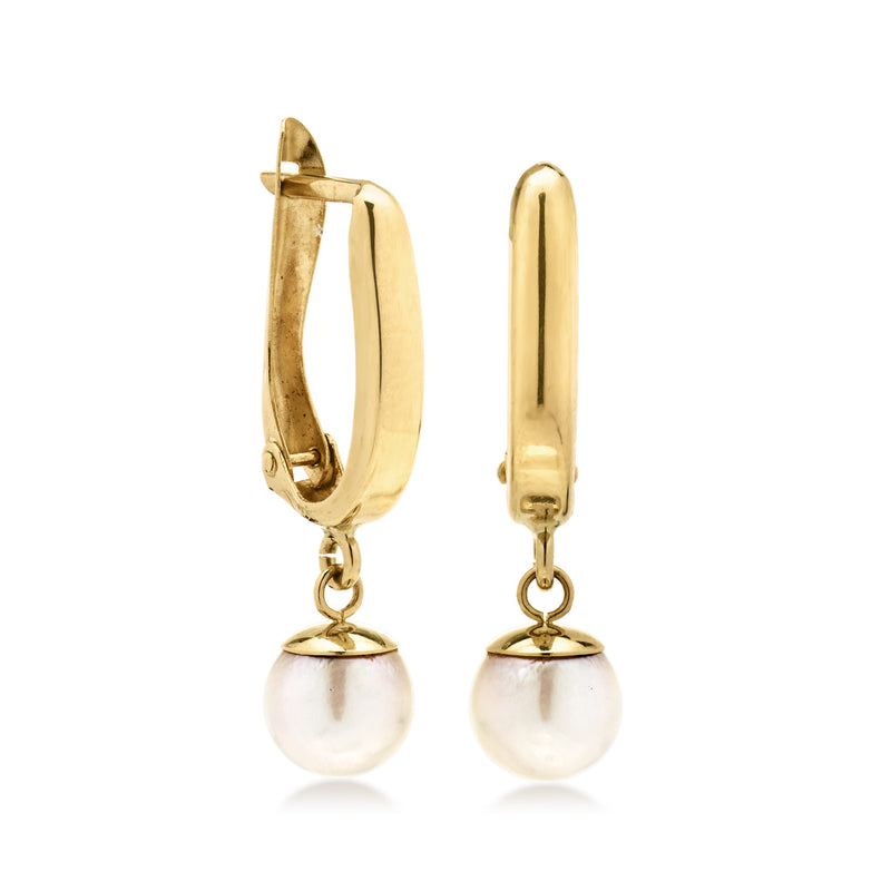 Yellow gold hoop earrings with white cultured pearl drop and hinged clasp