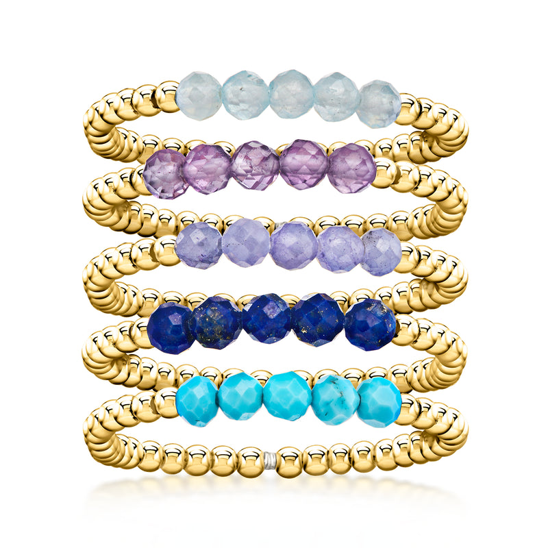 Gold-plated bead stretch ring set of five with light blue, purple, and blue stones