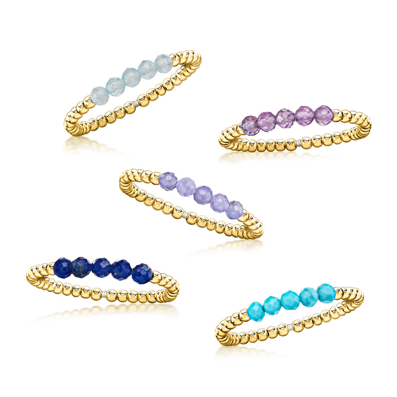 Gold-plated multi-bead stretch rings set: light blue, purple, dark blue, turquoise