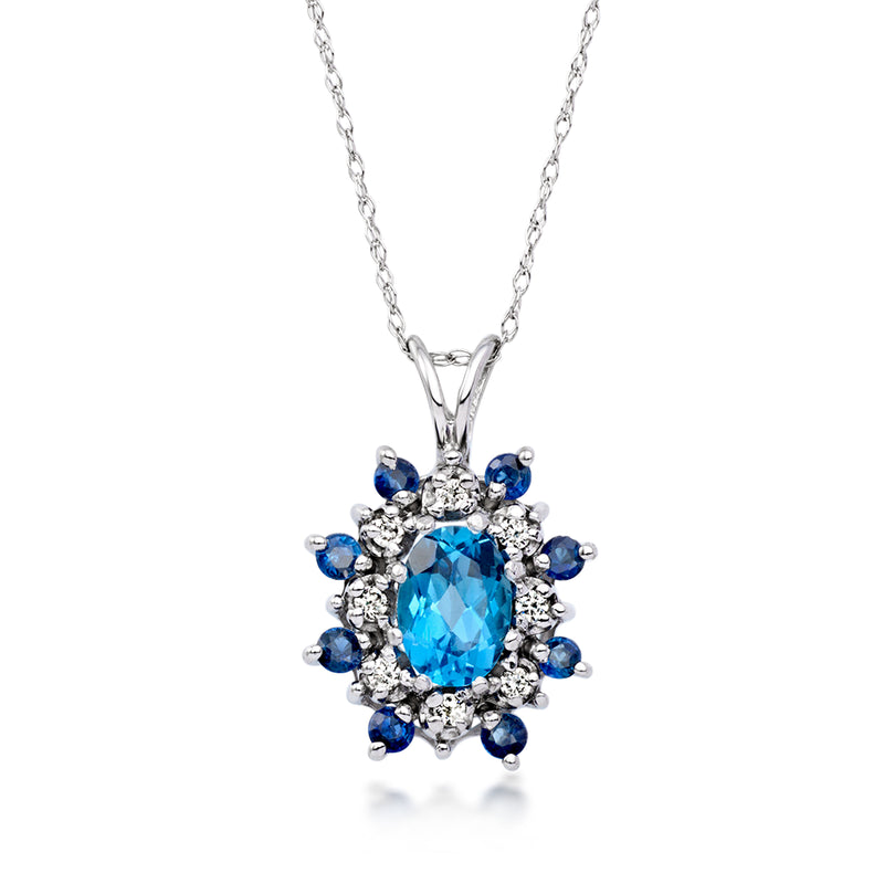 14kt white gold pendant necklace with blue topaz center, diamond halo and sapphire accents