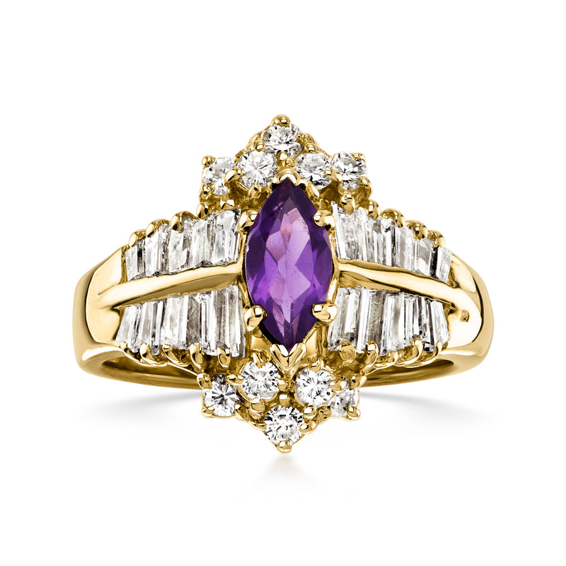Vintage 14kt yellow gold ring with marquise amethyst center and diamond baguette sides
