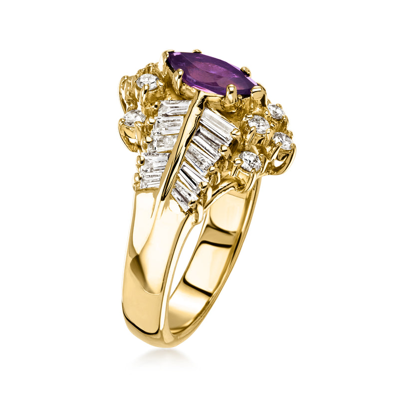Marquise amethyst and diamond halo ring in 14kt yellow gold, angled profile view