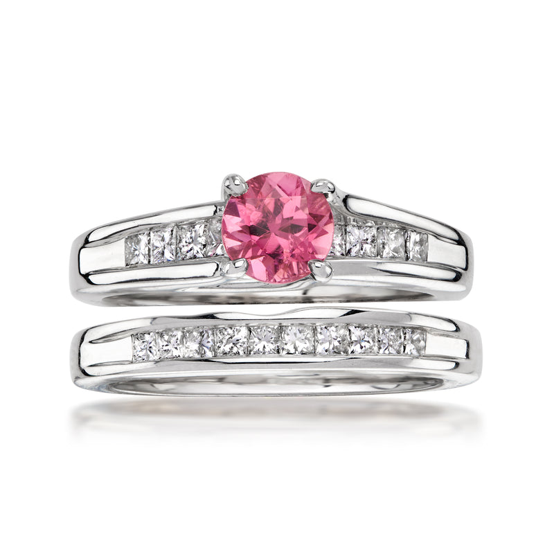 14kt white gold bridal set with pink tourmaline center and diamond-accent bands