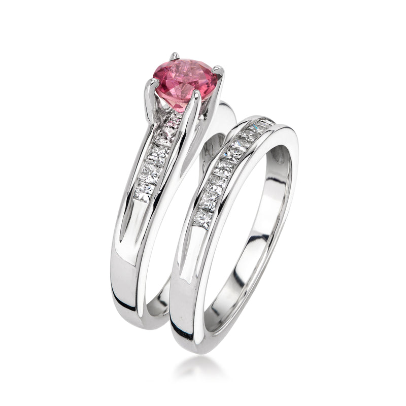 White gold bridal ring set with pink tourmaline and diamond accents