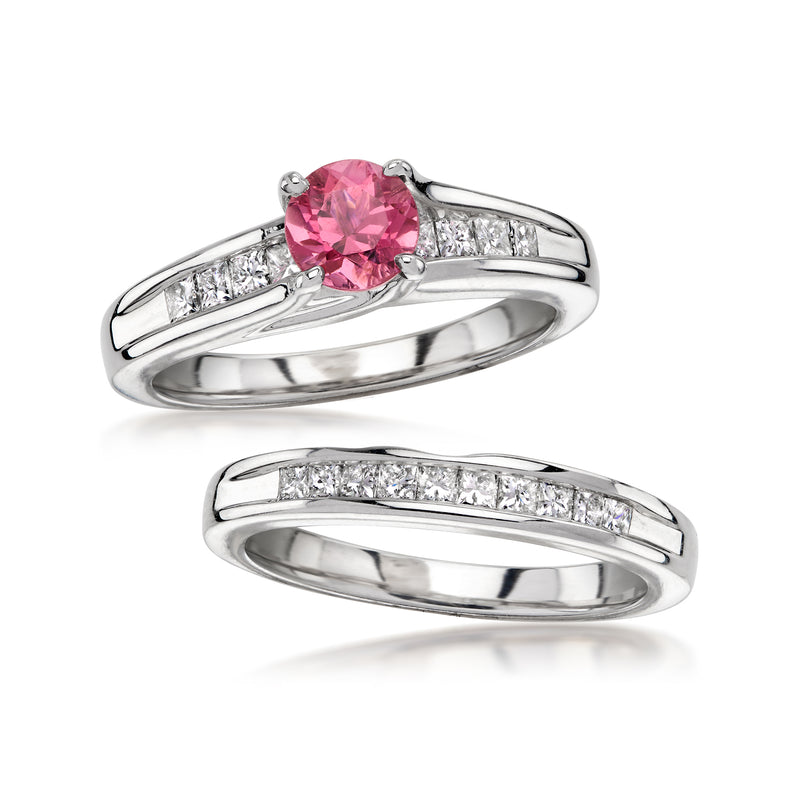 14kt white gold engagement ring with pink tourmaline and diamond row wedding band