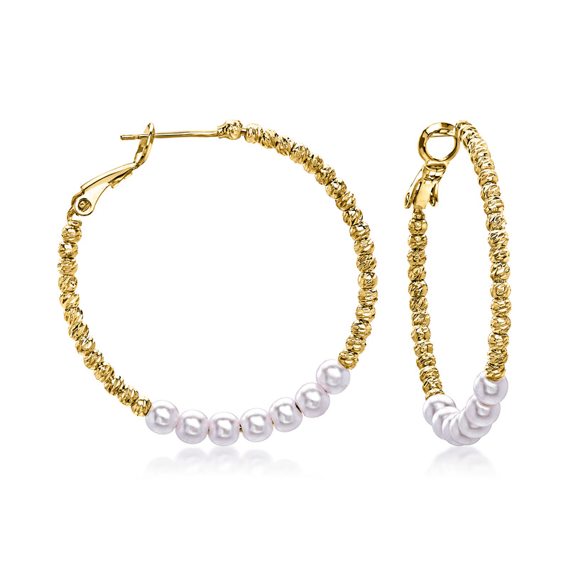 Gold-plated beaded hoop earrings with white shell pearl accents