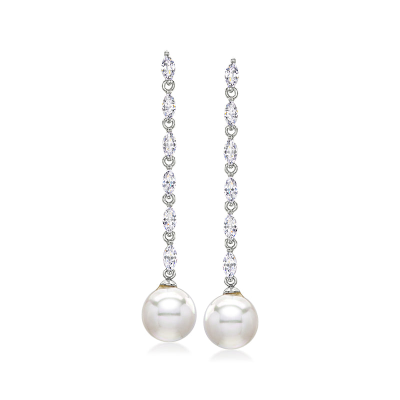Rhodium drop earrings with CZ links and round white shell pearl drops