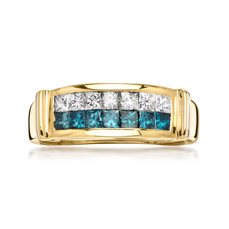 14kt yellow gold diamond ring with white and blue stones across the top