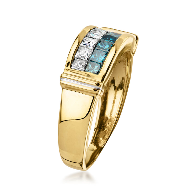 14kt yellow gold ring with a square blue-and-white diamond top detail