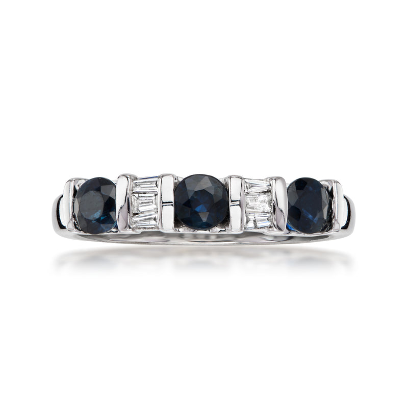Vintage white gold ring with dark oval sapphires and rectangular diamond accents