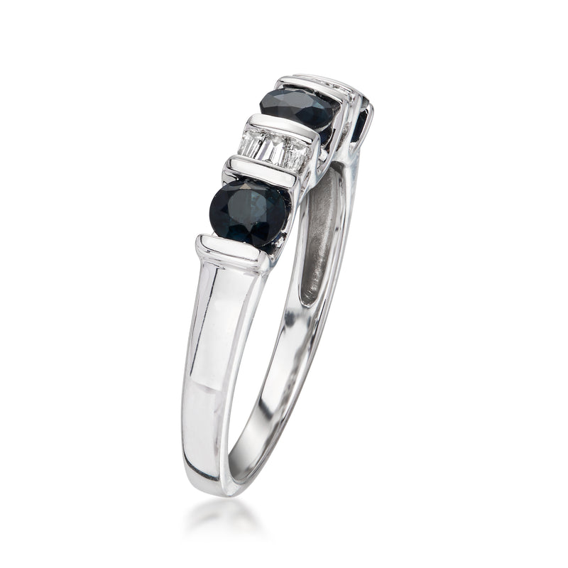 White gold ring side view with oval sapphire stones and baguette diamond bars