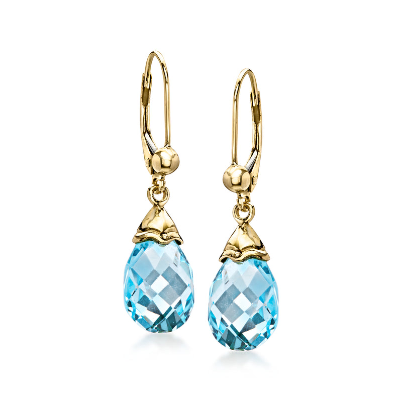 10kt yellow gold leverback drop earrings with faceted sky-blue topaz teardrops