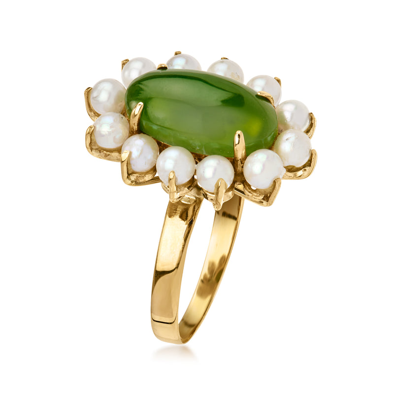 Vintage green oval ring with white pearls, yellow gold setting and open band