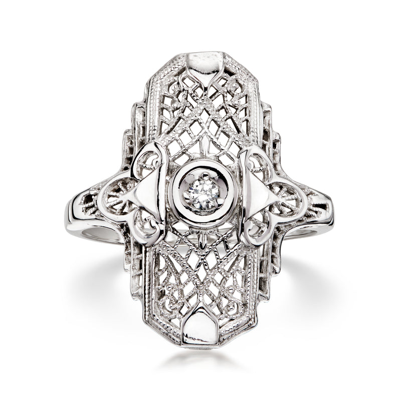 Vintage diamond filigree ring in white gold, round center stone, ornate lattice