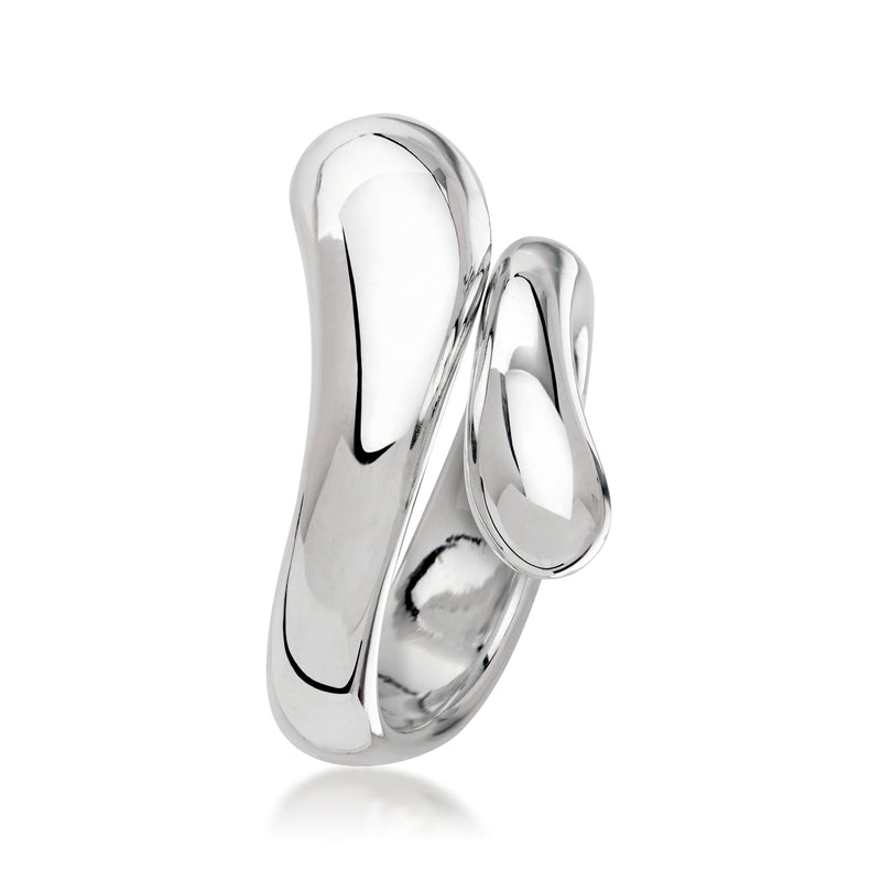 High-polish sterling silver bypass ring, curved stacked bands, open oval shape