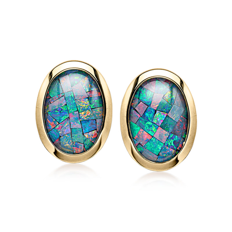 14kt yellow gold oval opal mosaic stud earrings, iridescent blue-green