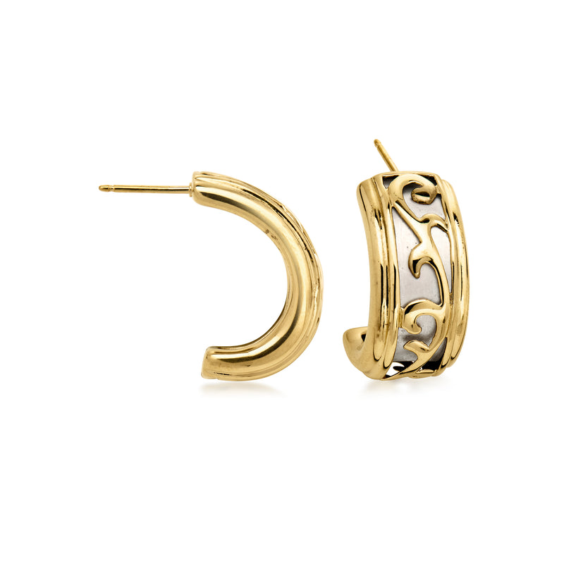 Vintage curved gold over sterling hoop post earrings, reflective gold finish