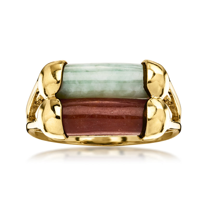 Vintage jade ring in 14kt yellow gold with green and red rectangular stones