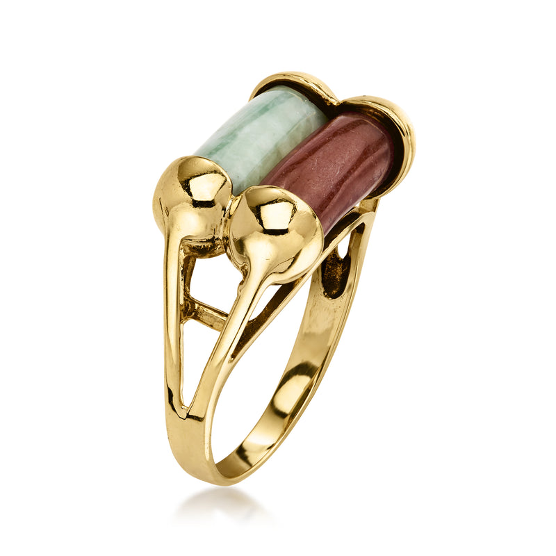 Vintage 14kt yellow gold ring with green and red jade stones in bezel settings