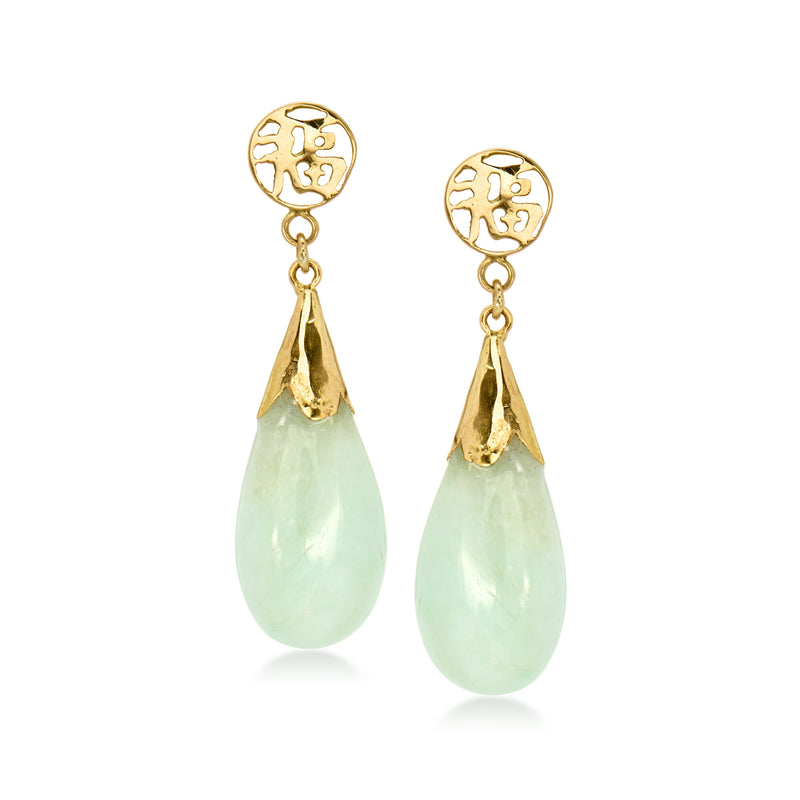 14kt yellow gold jade symbol drop earrings with teardrop green stones