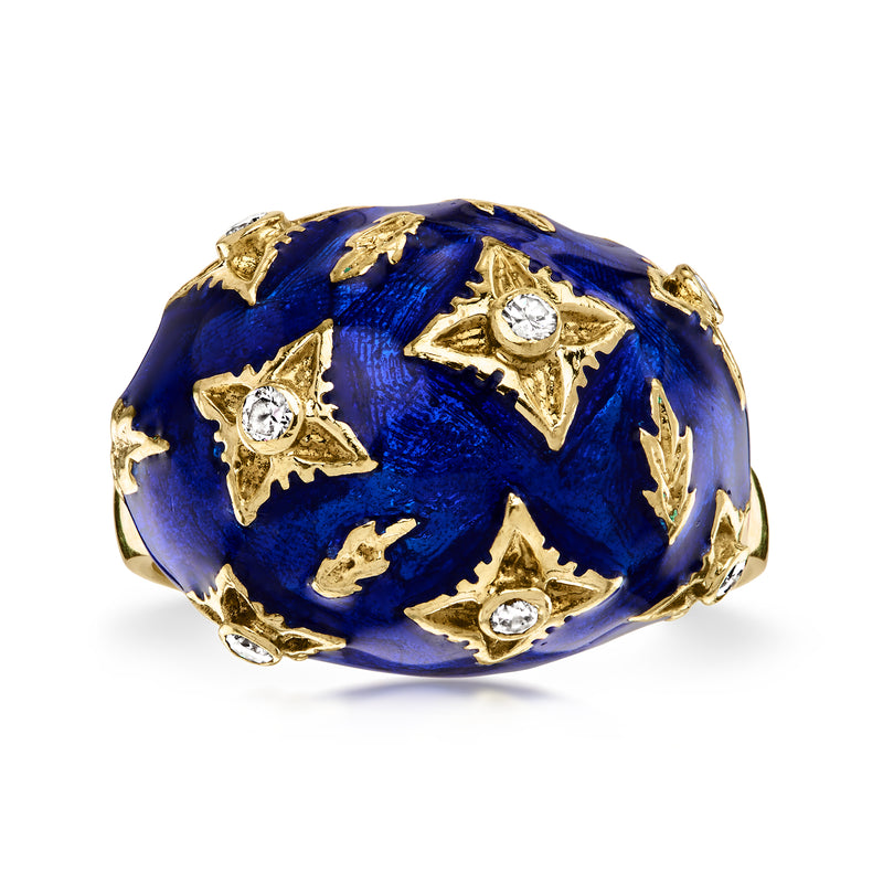Gold dome ring with blue enamel and diamond star motifs, 14kt yellow gold setting