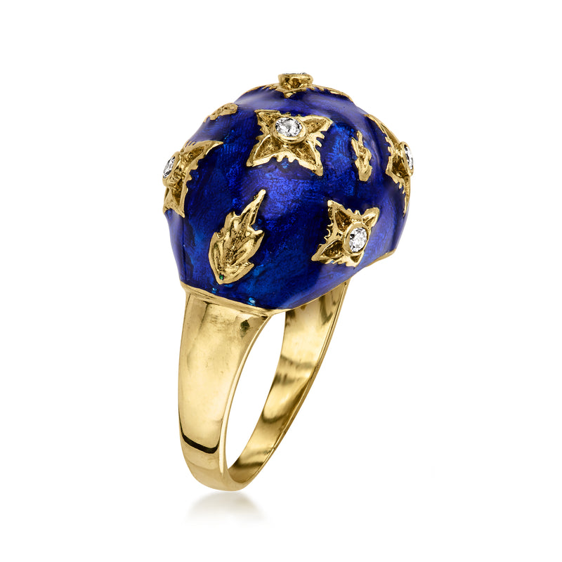 Blue enamel dome ring with gold openwork motifs and diamonds, 14kt yellow gold band