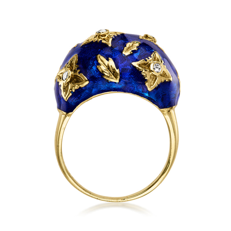 Blue enamel dome ring with gold motifs and diamond accents on 14kt yellow gold band