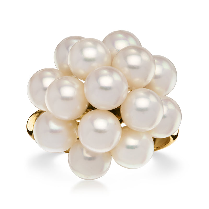 Cultured pearl cluster ring with white round pearls on yellow gold band