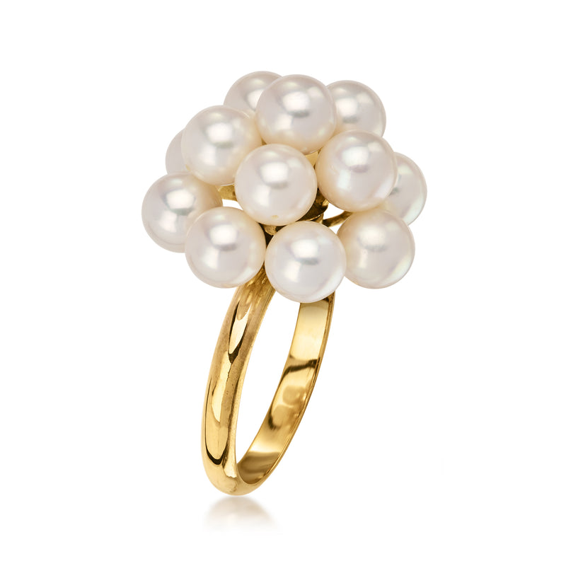 Cultured pearl cluster ring with white pearls on curved yellow gold band